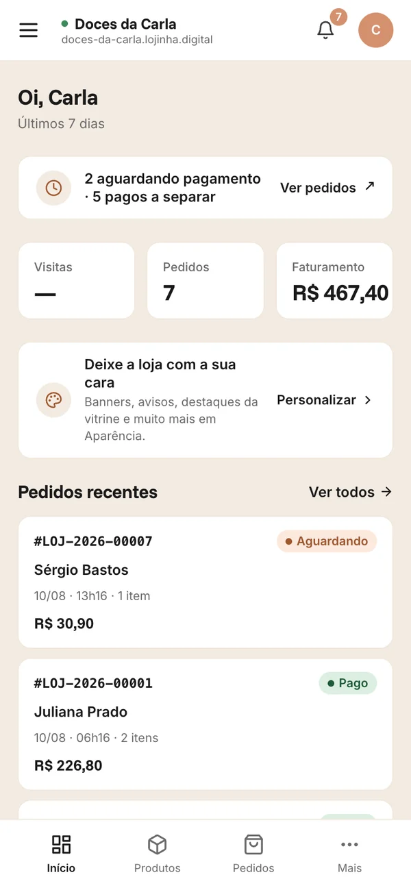 Painel da Lojinha no celular, com resumo de vendas e pedidos recentes.