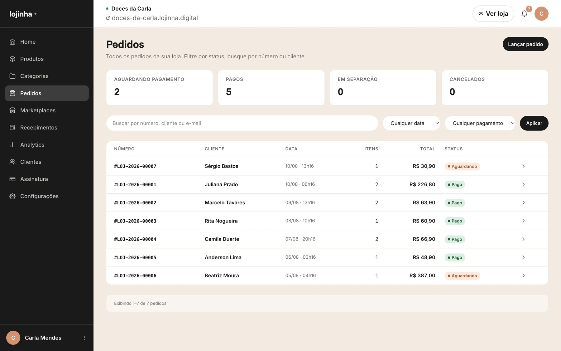 Tela de pedidos do painel da Lojinha, com número, cliente, data, valor e status de pagamento.