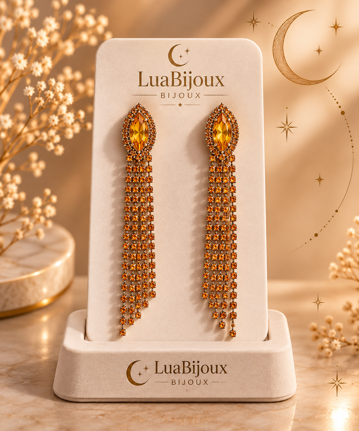Brinco longo laranja de strass