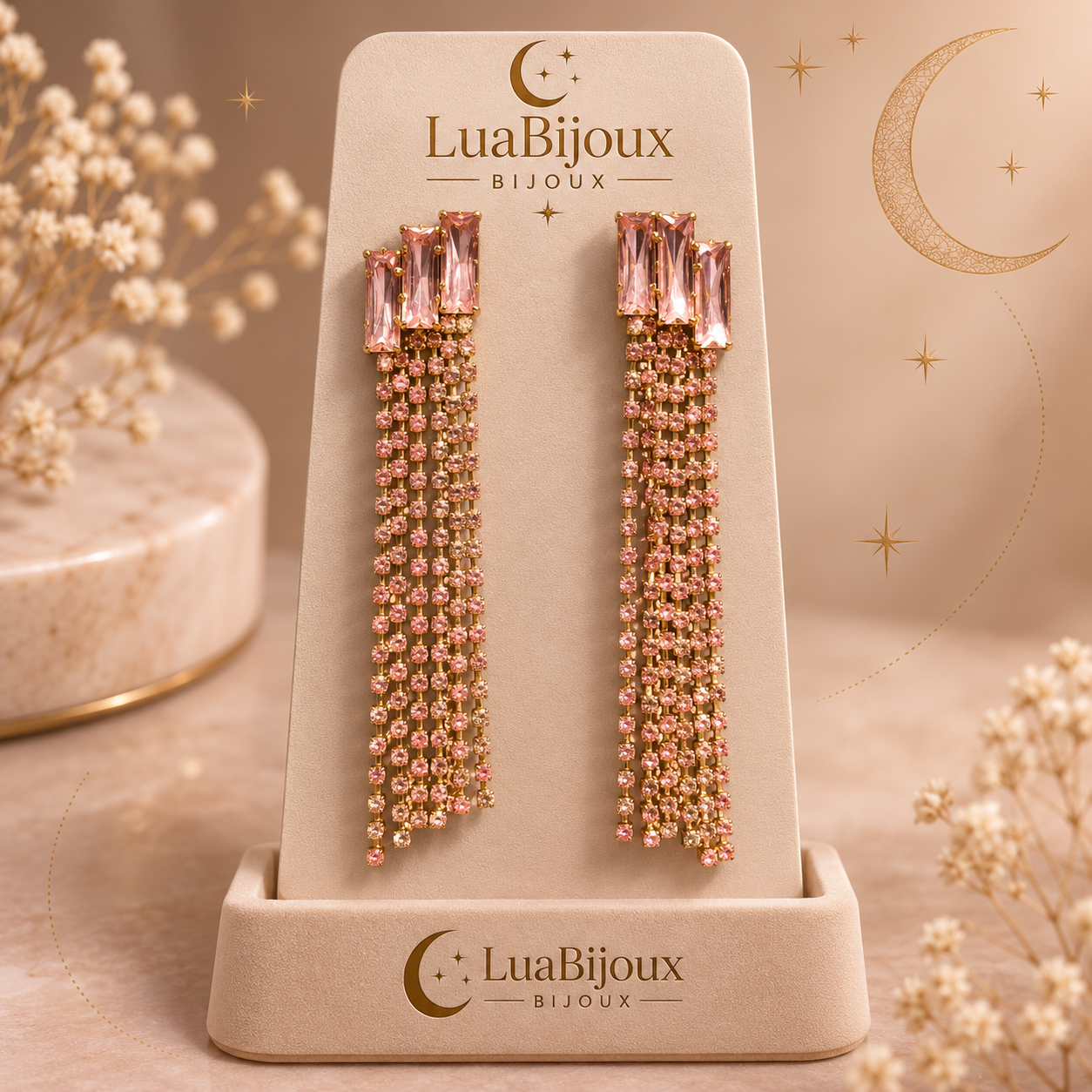 Brinco longo rose de strass dourado