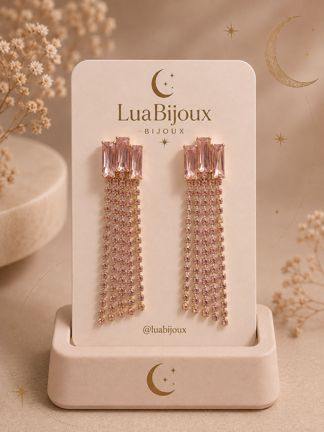 Brinco longo rose de strass dourado
