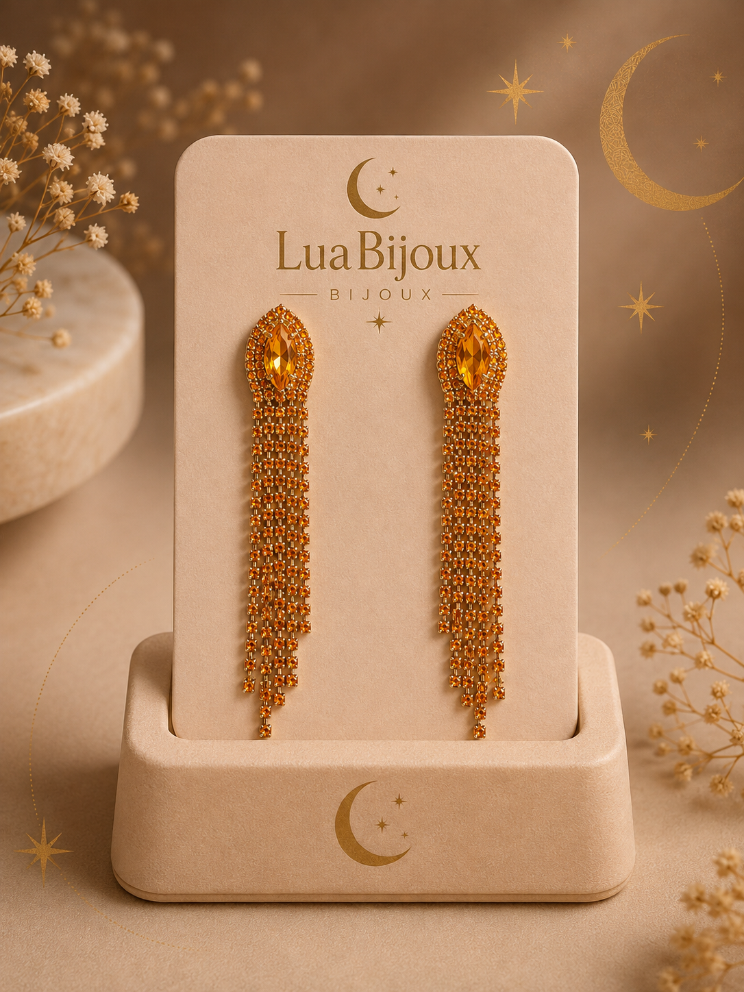 Brinco longo laranja de strass
